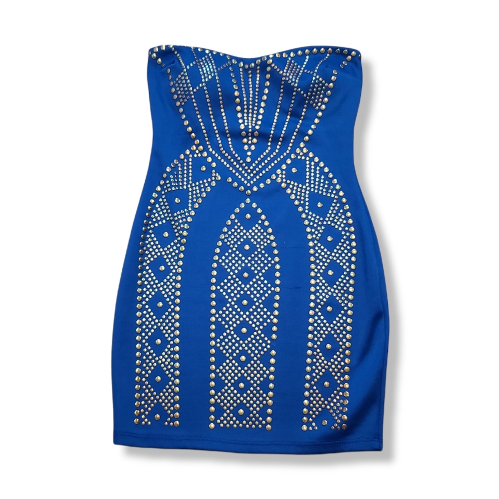 Blue Studded Strapless Dress
